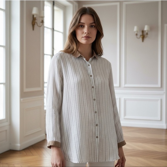 Tops - 100% linen Striped White and Brown Button-Up Shirt